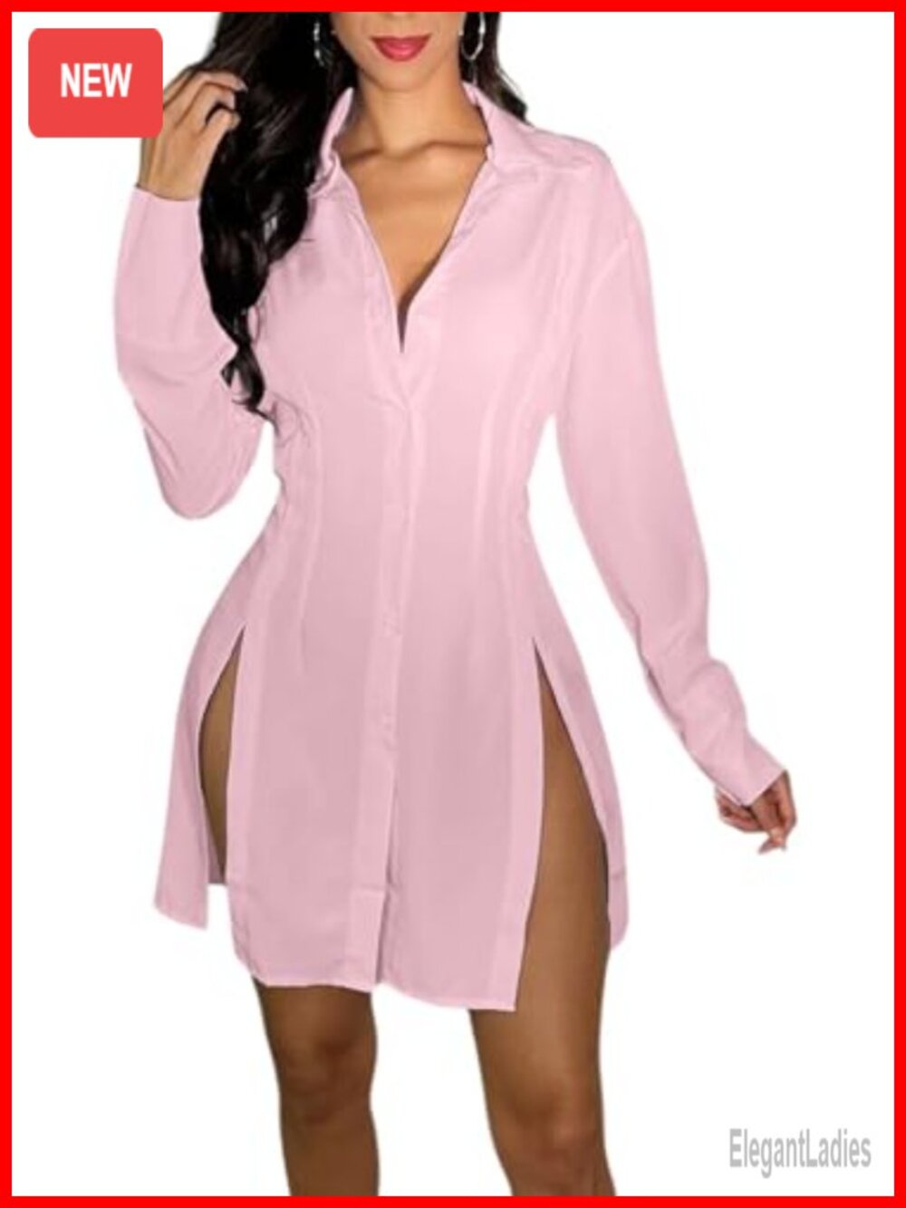 Women's Long Sleeve Button Down Shirt Dress V Neck Loose Slit Mini Blouse